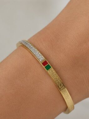 Designer Inspired Crystal Enamel Cuff Bracelet Gold Tone